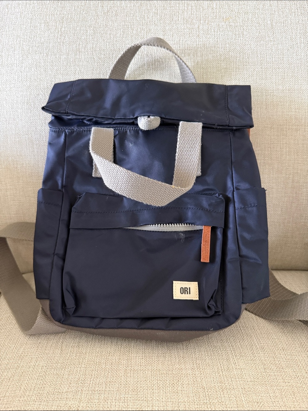 Navy Roll-Top Backpack with Beige Straps